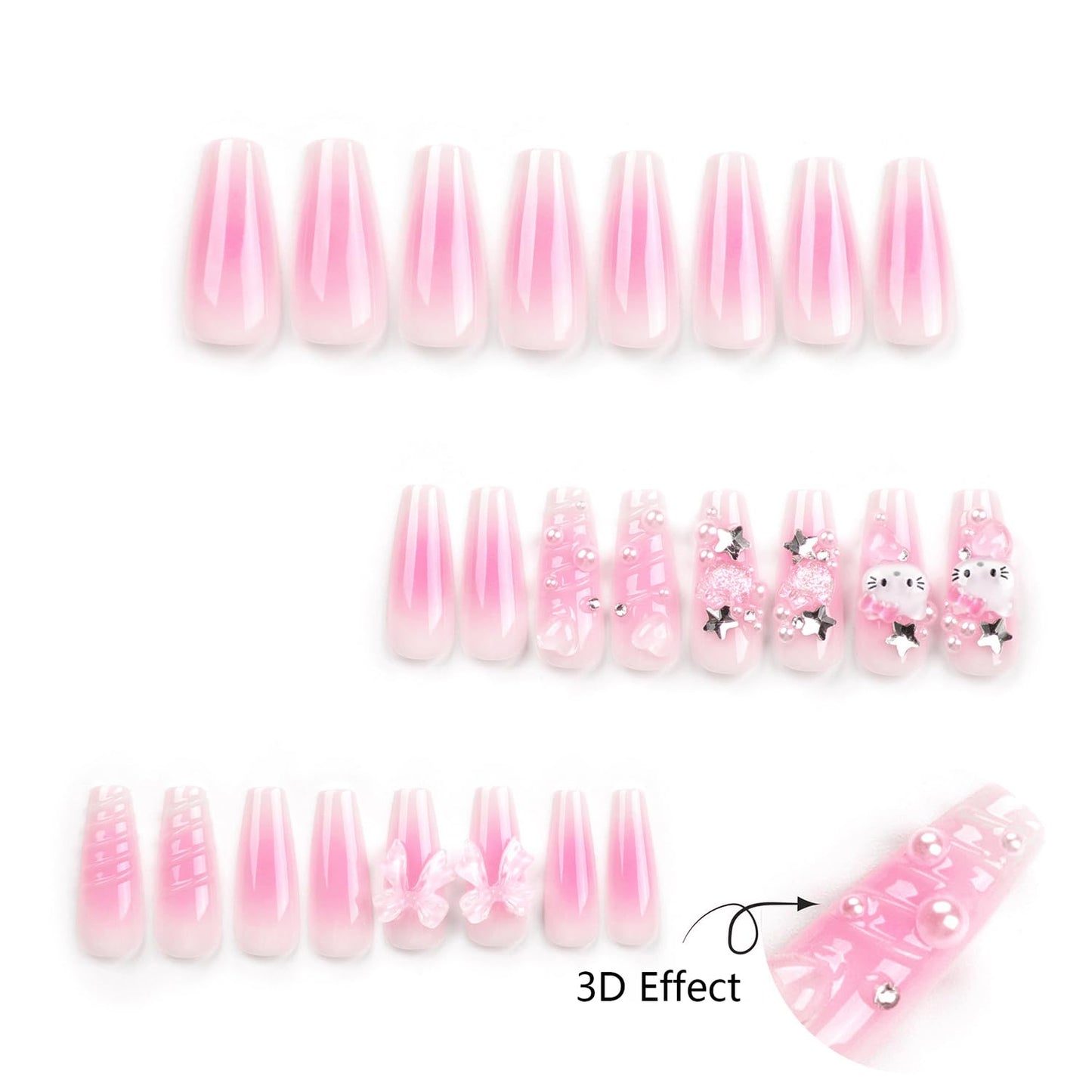 24Pcs Pink Press on Nails Long Coffin Fake Nails with Cute Rhinestones Designs 3D Bow Acrylic Nails Full Cover Cute Cartoon False Nail Set Diamond Star Bow Stick on Nails for Women