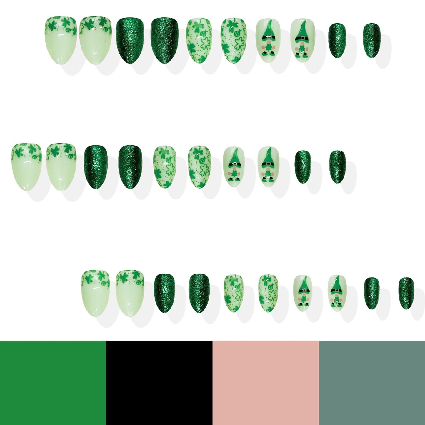 30Pcs St Patricks Day Press on Nails Short Almond Fake Nails with Green Glitter Designs Irish Shamrocks False Nails St. Patrick's Day Acrylic Nail Lucky Clover Full Cover Glue on Nails for Women