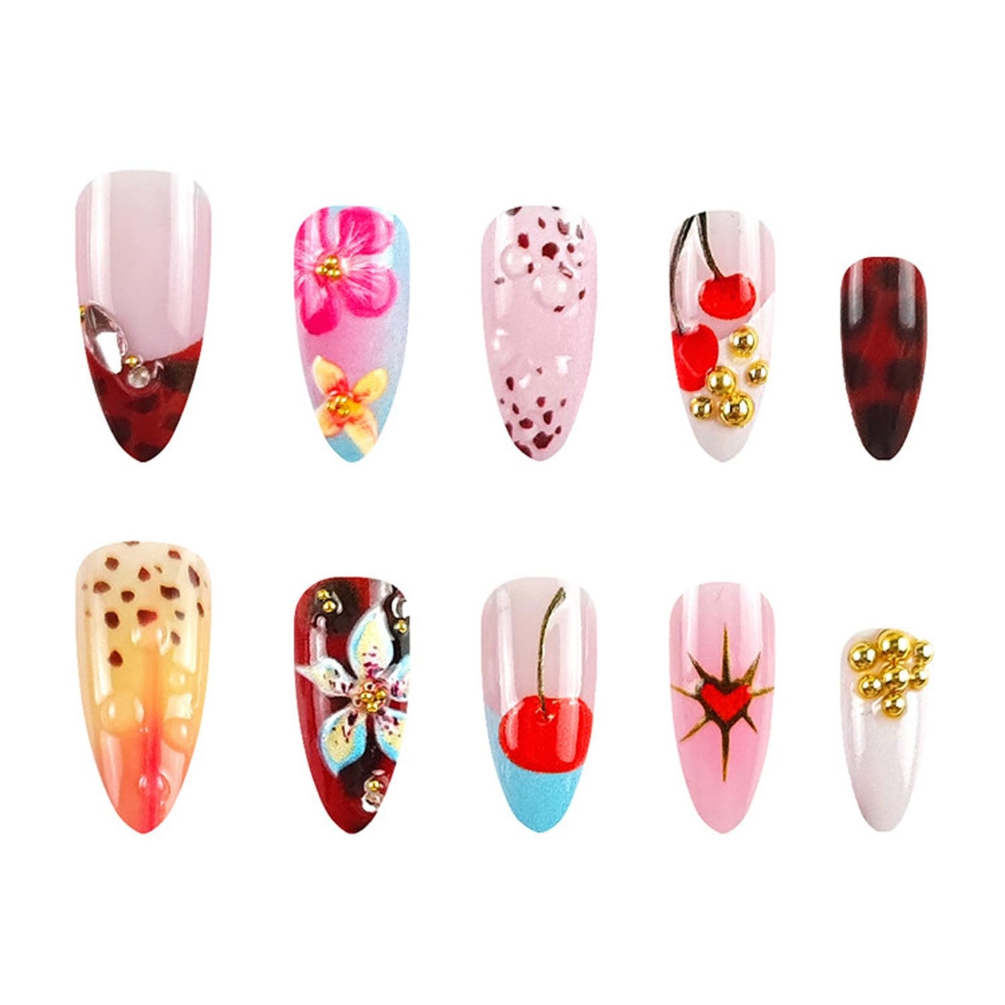 24pcs French Tip Press on Nails Medium Length Flower Embossed Fake Nails Cherry Design Glossy Almond False Nails Full Cover Press ons Simple Fashion Nail Tips Rhinestones Nails for Women
