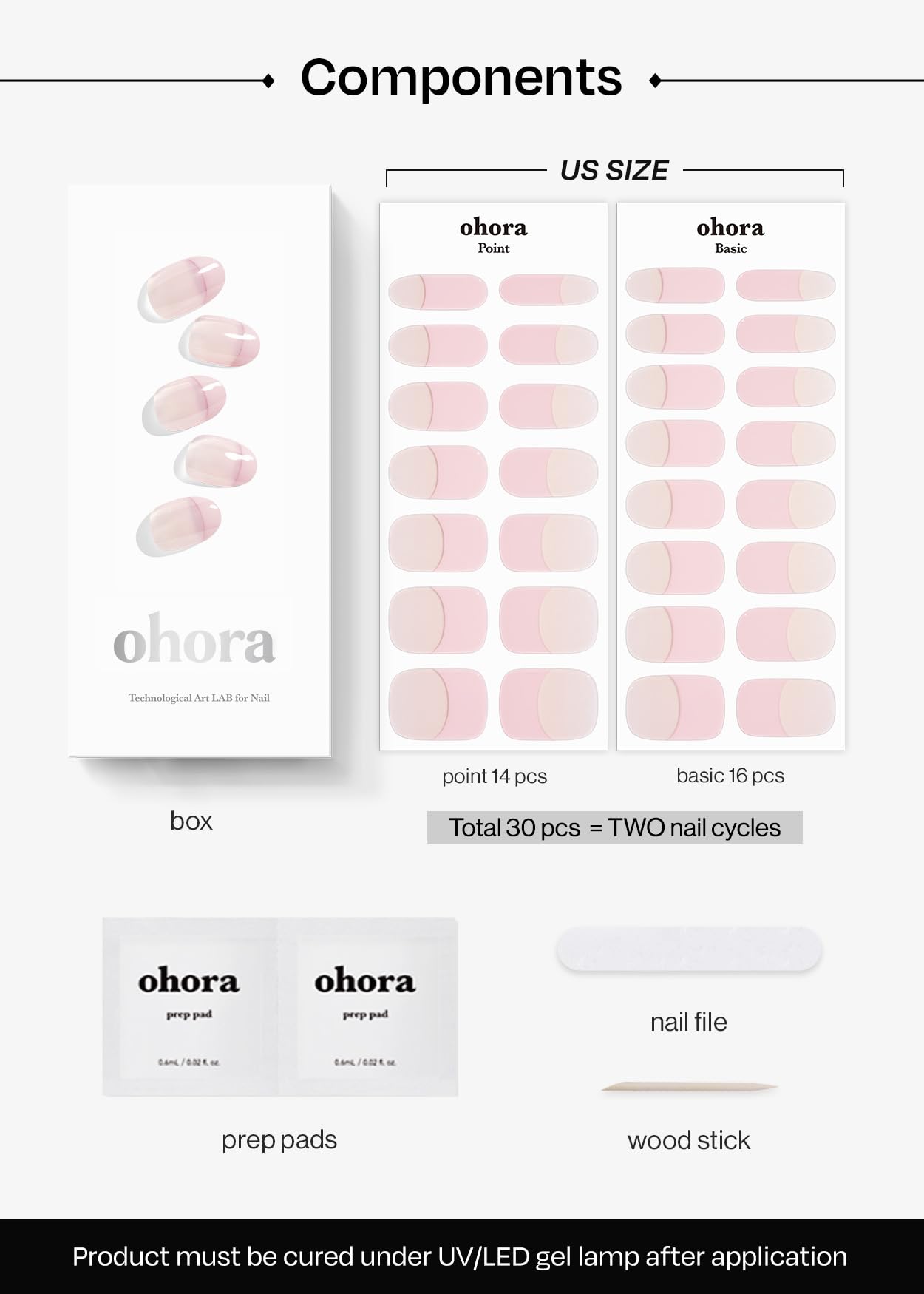 ohora Semi Cured Gel Nail Strips (N Romantic French) - Pink, French, Works with Any UV/LED Lamps, Salon-Quality, Long Lasting, Easy to Apply & Remove - Includes 2 Prep Pads, Nail File & Wooden Stick