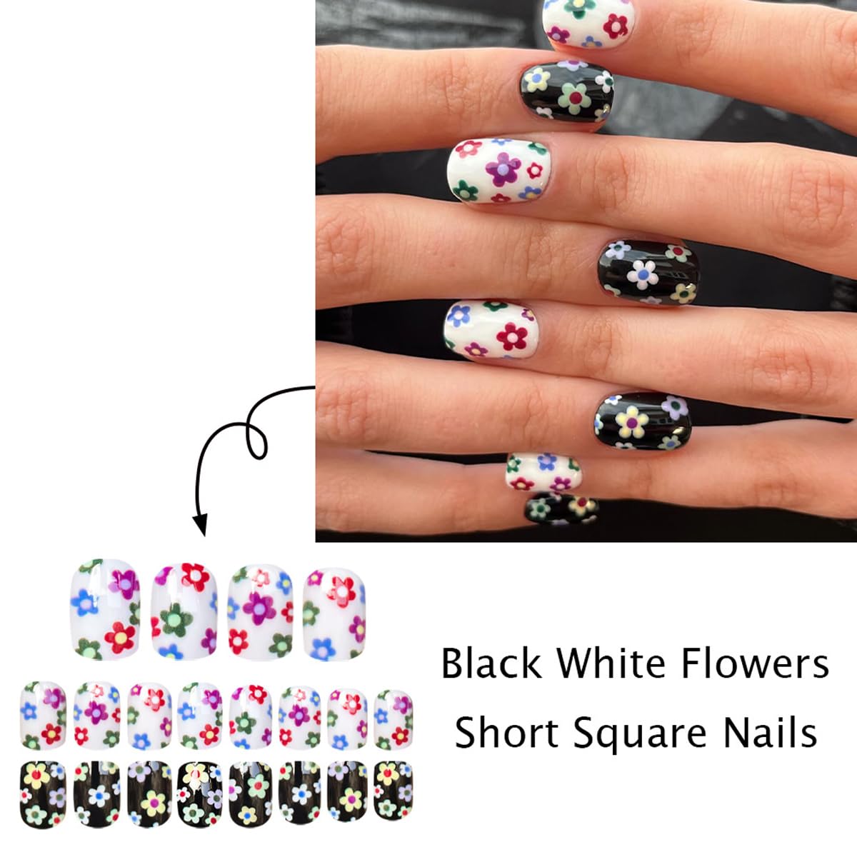 Flower Press on Nails Short Square Fake Nails Black White Nails Press ons with Colorful Floral Design,Spring Summer Reusable Artificial Nails,24Pcs Nail Kit for Women Manicure
