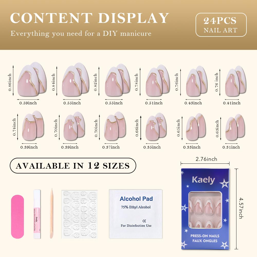 evpct French Tip Press On Nails Short Almond, Nude Pink + Gold Line & Wihte Tips, Glossy Short Almond Fake False Press on Nails, Soft Gel Stick on nail Press ons with Nail Kit Reusable Salon Quality