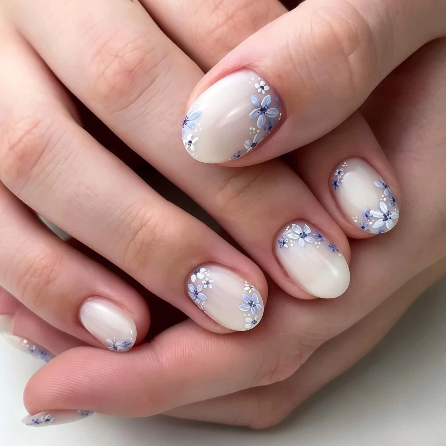 French Flower Press on Nails Short Round Fake Nails with Blue Floral Design Glossy White Glue on Nails Spring Summer Reusable Artificial Nail Full Cover Stick on Nails for Women 24Pcs