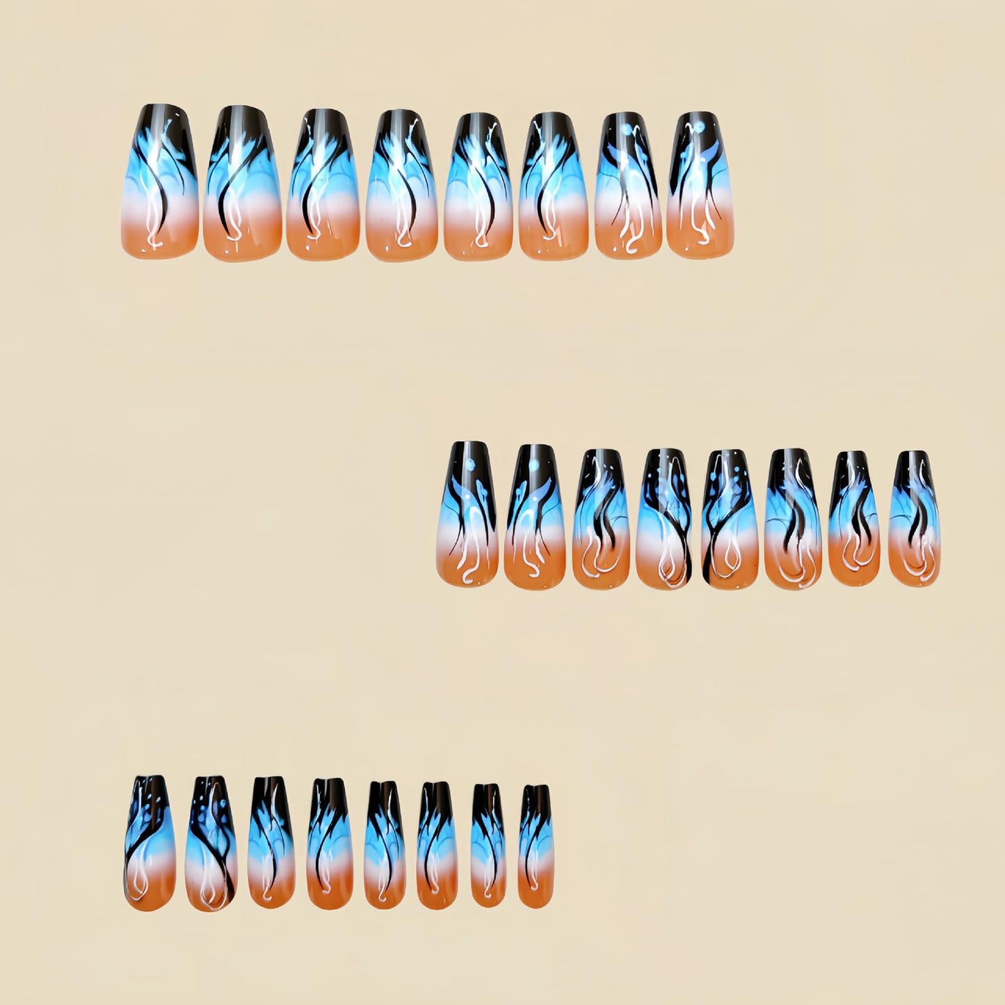 SINHOT Coffin Press on Nails - Long Fake Nails, Glossy Finish, Black Flame & Blue Gradient, DIY Artificial False Nail Art - 24 Pcs Nail Kit with Glue