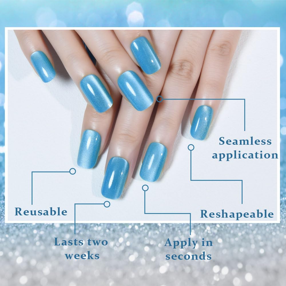 XZMeiLun Cat Eye Aqua Blue Press On Nails Medium Long Length Square, Designer Reusable Acrylic Fake Nail with Glue, Glossy Gel Nails Wedding Party, Stick On Glue On Nail, Nails Press Ons for Women