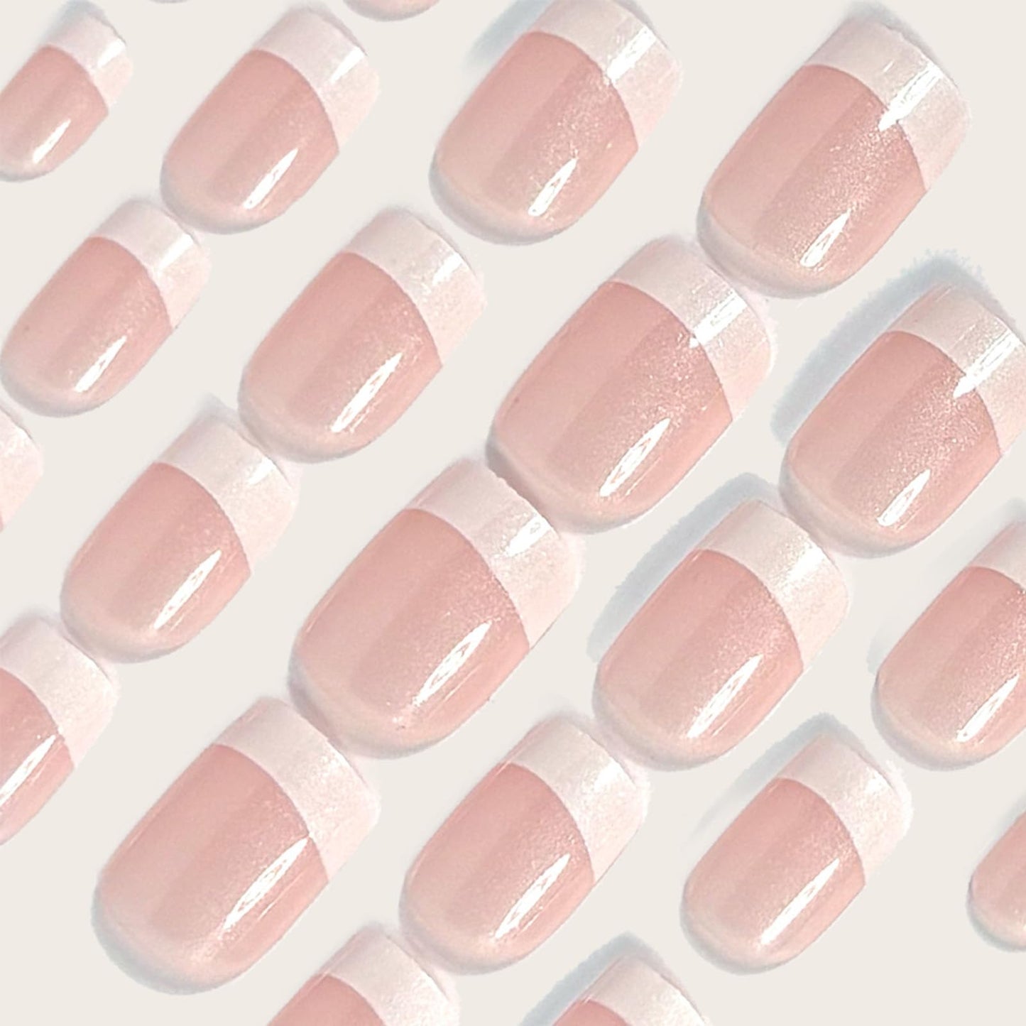 Short Square Press On Nails White French Tip Nude Glossy Fake Nails Sparkly Glitter False Nails Reusable Acrylic Stick On Nails for Women Daily Home Office, 24 Manicure Kit with Adhesive Tabs