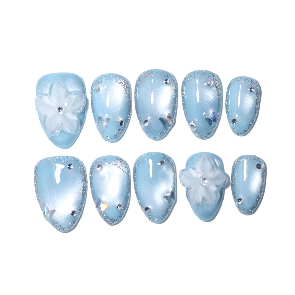 10 Pcs Short Almond Handmade Press On Nails | Sky Blue Cat Eye with 3D Floral & Rhinestone Accents | Reusable, Easy to Apply & Remove, Salon-Quality Manicure (RR16, S)