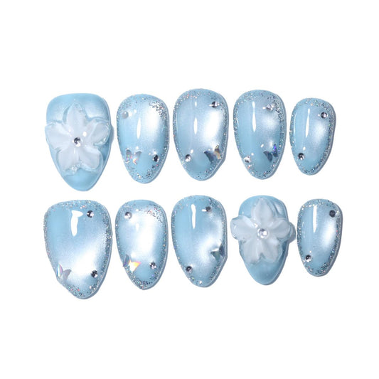 10 Pcs Short Almond Handmade Press On Nails | Sky Blue Cat Eye with 3D Floral & Rhinestone Accents | Reusable, Easy to Apply & Remove, Salon-Quality Manicure (RR16, S)