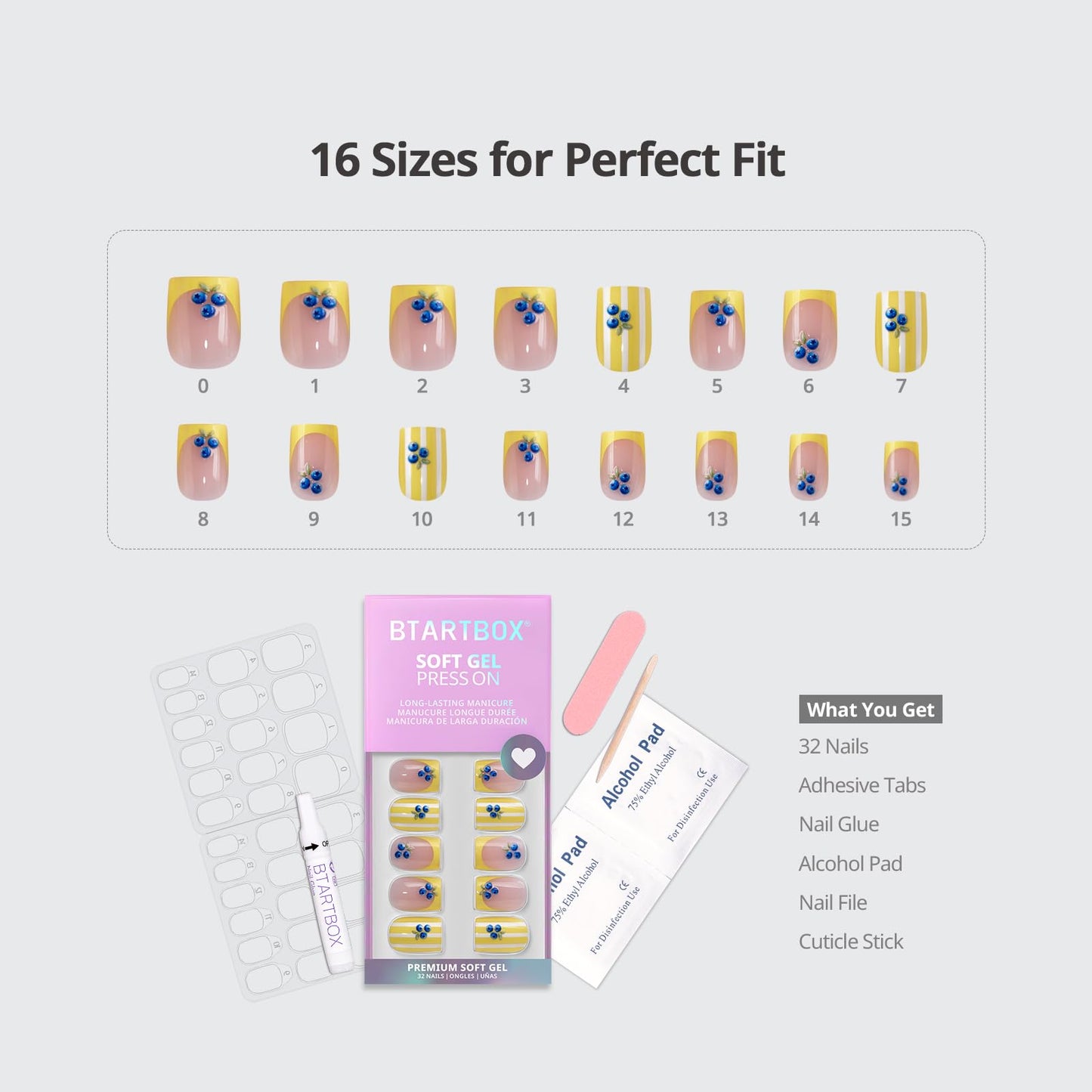 BTArtbox French Tip Press On Nails - Blueberry Rain, Easy-to-Apply Yellow Short Square Press On Nails with Glue and Adhesive Tabs in 16 Sizes - 32 Nails All-in-One Kit