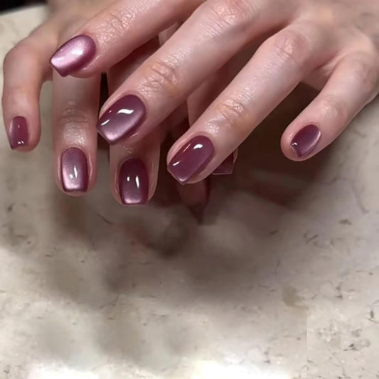 Vezocim Press on Nails Short Square-24Pcs Glossy Full Cover Acrylic Purple False Nails with Cat Eyes Designs Artificial Extra Short Square Fake Nails with Glue Stick on Fingernails for Women Girls