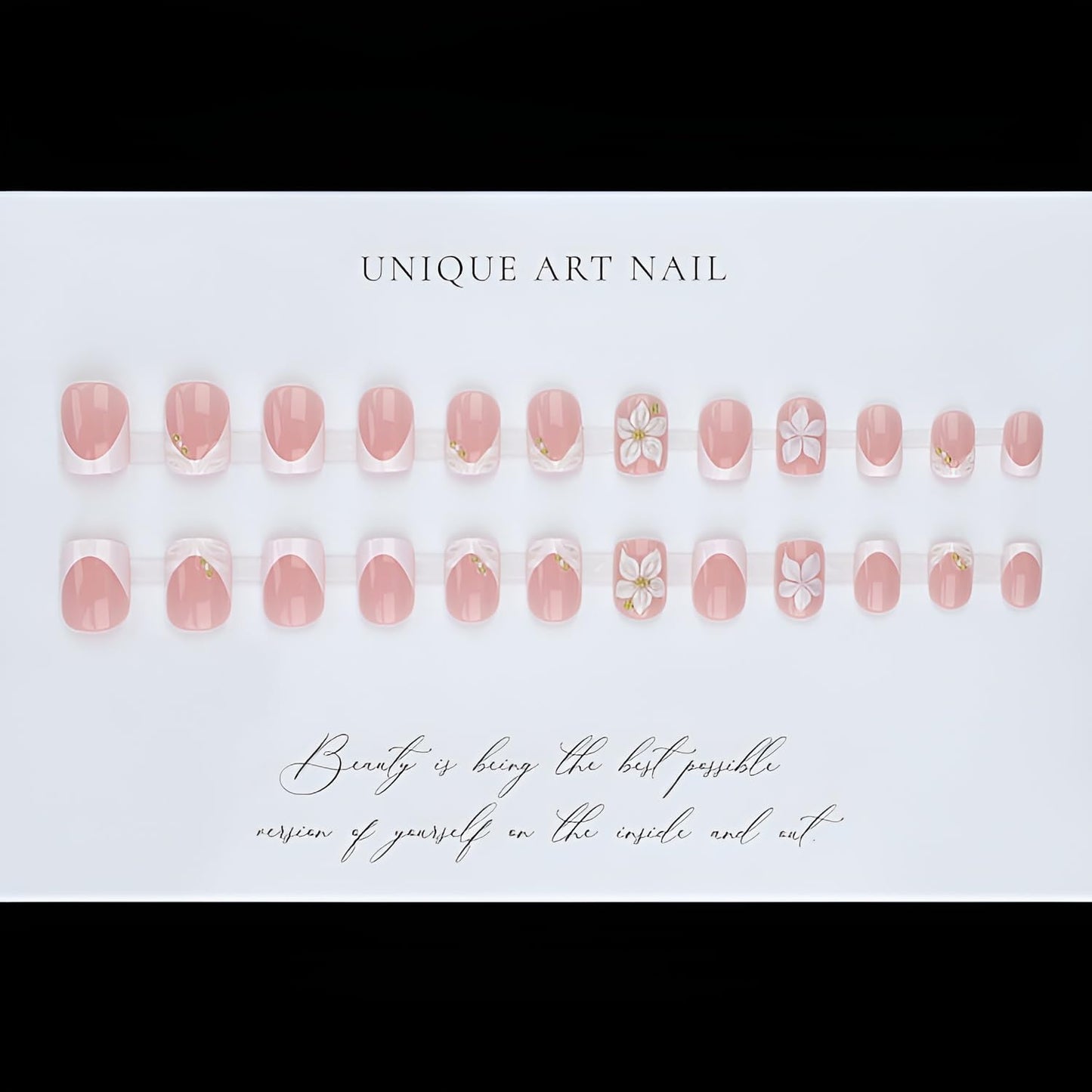 24Pcs White French Tip Press on Nails Short Square Fake Nails 3D Flower Nails Press Ons with Rhinestones Design Glossy Glue on Nail French Tip False Nails Acrylic Stick on Nail for Women Set
