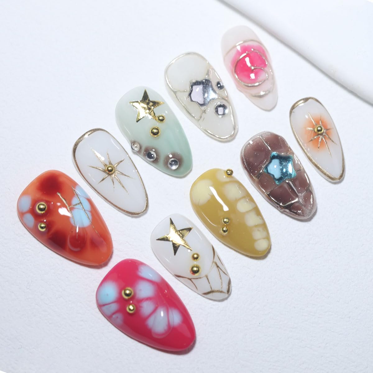 10Pcs Short Almond Handmade Press On Nails | Easy Apply & Remove, Reusable Salon Quality Nails | Colorful Y2K Fake Nails with 3D Star, Gold Accents & Rhinestone (RR06,M)
