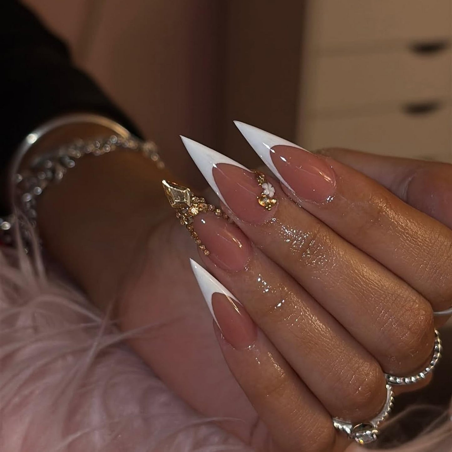 Handmade White French Press on Nails Long Stiletto False Nail with 3D Rhinestone Designs Handmade Flower Fake Nails Muti-Layer Gel Acrylic Nail Full Cover Stick on Nails for Women（M)