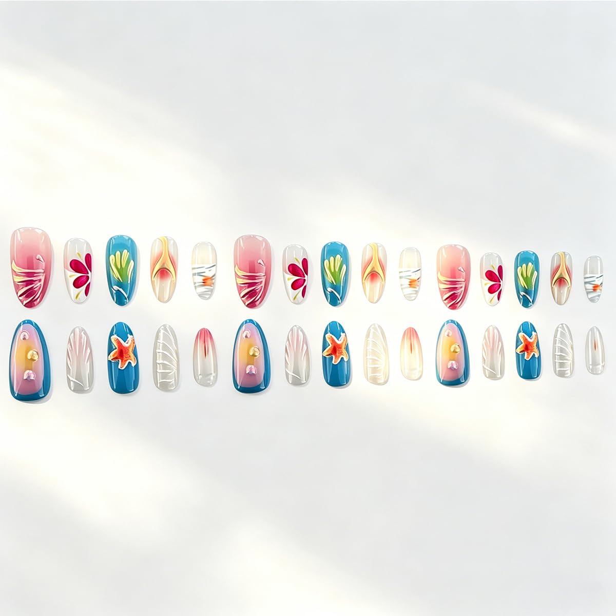 3D Press On Nails Almond Medium French Fake Nails with Cat's Eye Embossed Starfish Pearl Lines Summer Beach Designs, Acrylic Artificial Nail Press ons False Stick On Nails for Women Girls 30Pcs