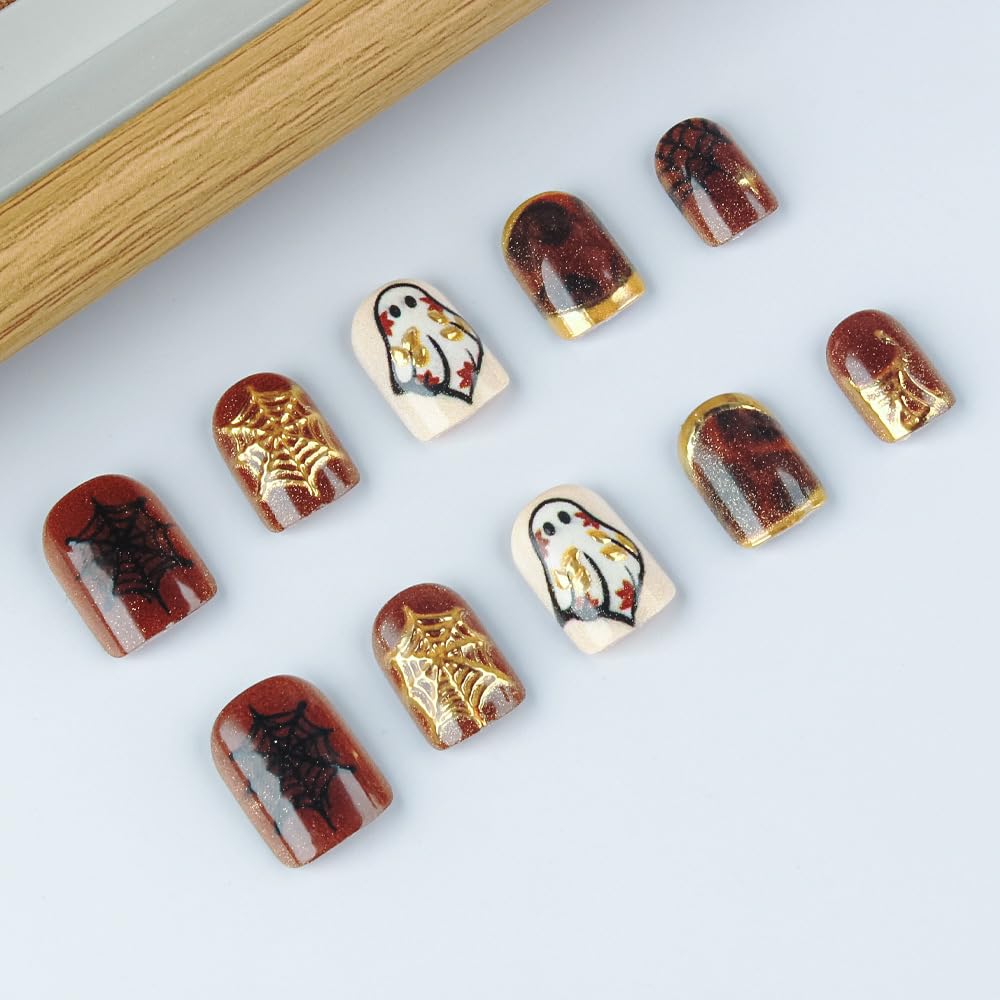 Press on Nails Halloween Short Square Fake Nails Fall Brown Ghost False Nail with Gold Cobweb Designs Full Cover Halloween Glue on Nails Reusable Acrylic Nail for Women 24Pcs