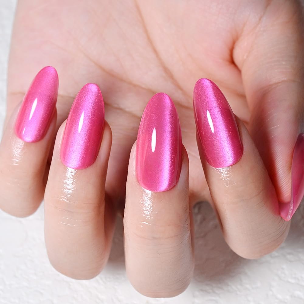 XZMeiLun Cat Eye Hot Pink Press On Nails Almond Medium, Magnetic Acrylic Fake Nails Stylish Design, Salon-Quality Shiny Finish, Reusable Stick On Nails Kit for Women, Daily Wear (No Glue Included)