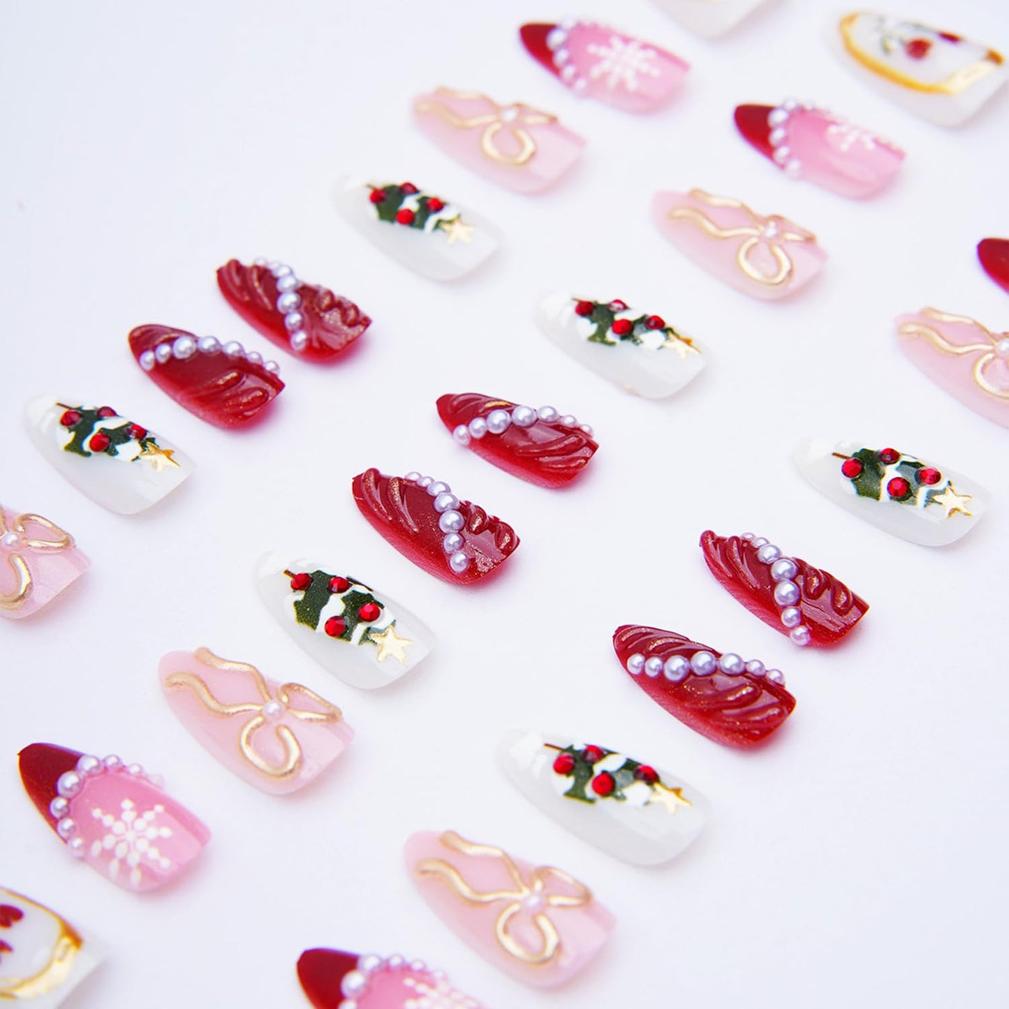 30pcs Christmas Press on Nails Medium Almond Fake Nails with Christmas Tree Bow Snow Pattern Xmas Gel Glitter Pearl Press on False Nails Design Autumn Winter Stick on Nails Gift for Women