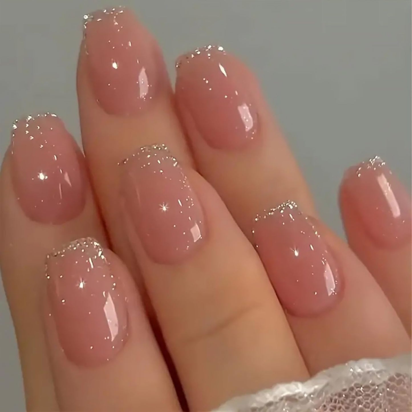24Pcs Silver French Tip Press on Nails Short Square Fake Nails Glossy Nude False Nails Glitter Full Cover Artificial Glue on Nails Cute Stick on Nails Nail Reusable Supplies for Women DIY Nails Art