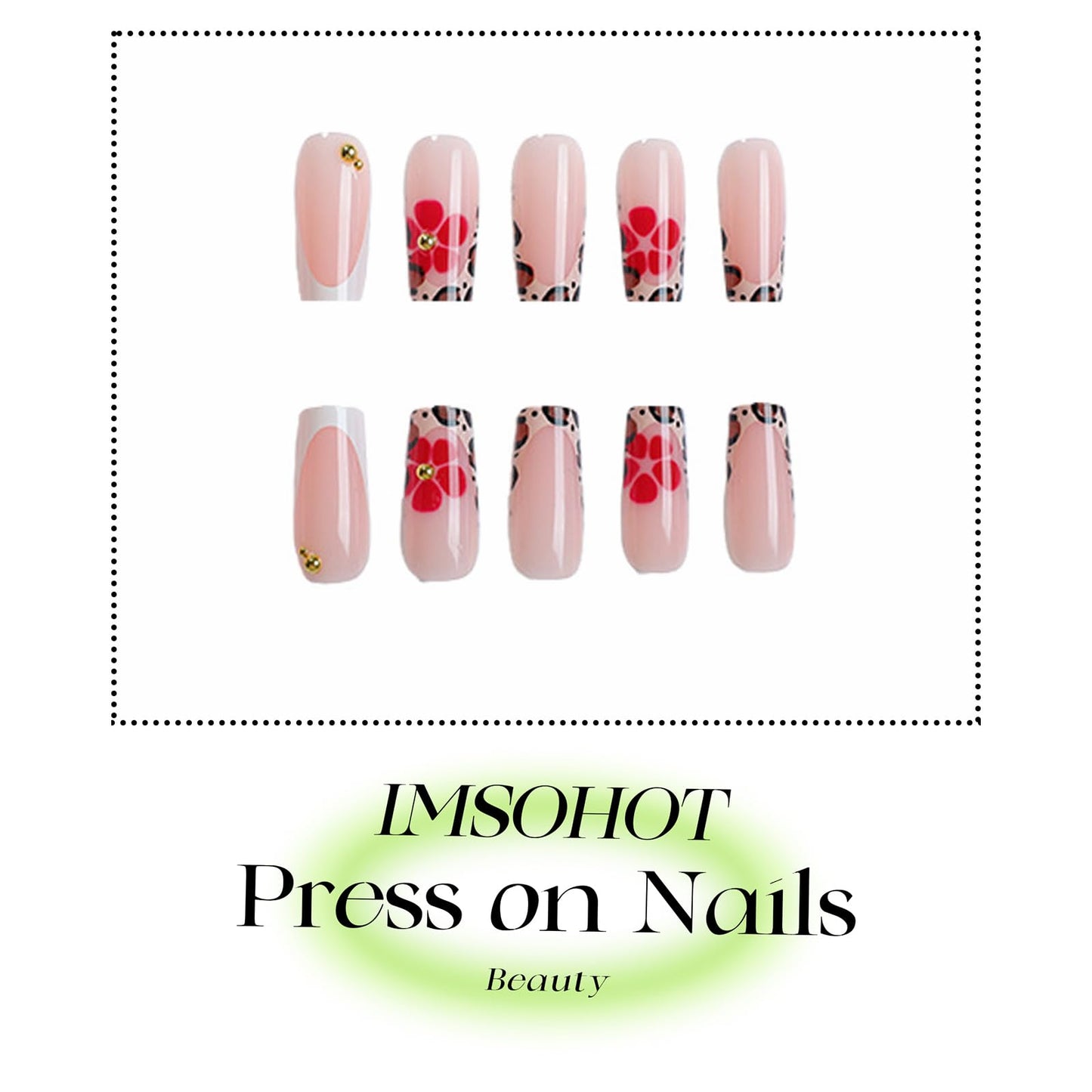 IMSOHOT Press on Nails Long Square Fake Nails - Leopard Print French Tips, Red Flower, Glossy Acrylic False Nails Glue Stick on Nails for Women Girls DIY Manicure Supplies