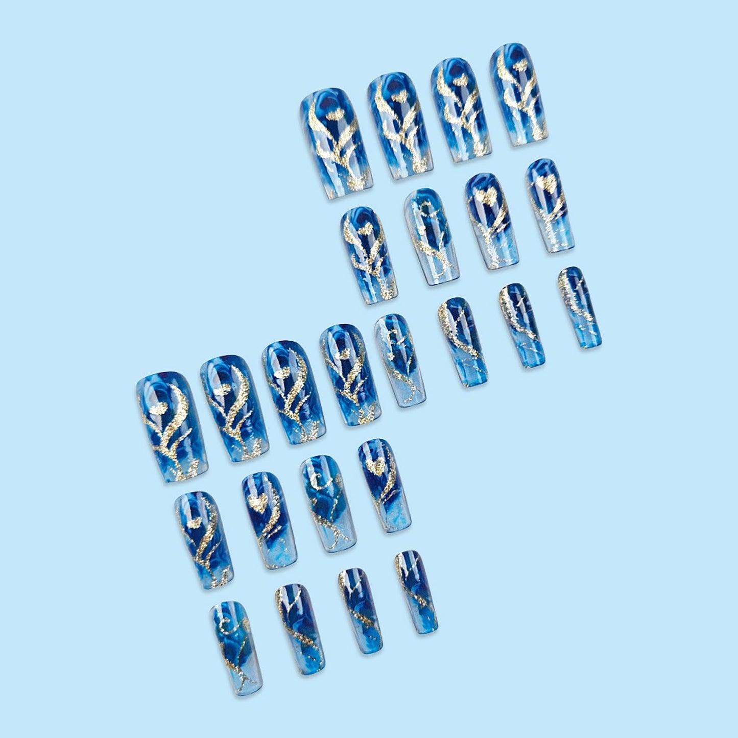 24Pcs Medium Press On Nails Square Fake Nails Press Ons With Glitter Heart Swirl Design Blue False Nails Full Cover Glossy Stick On Nails Reusable Acrylic Glue On Nails For Women Manicure Decor