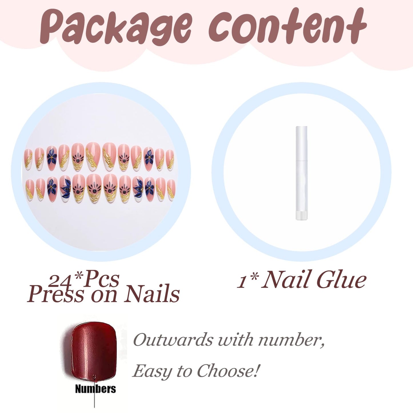 BABALAL Press On Nails, Medium Almond Fake Nails, 3d Blue Floral & Gold Chrome, White French Tip, Glossy Full Cover Glue On Nails For Women And Girls 24Pcs