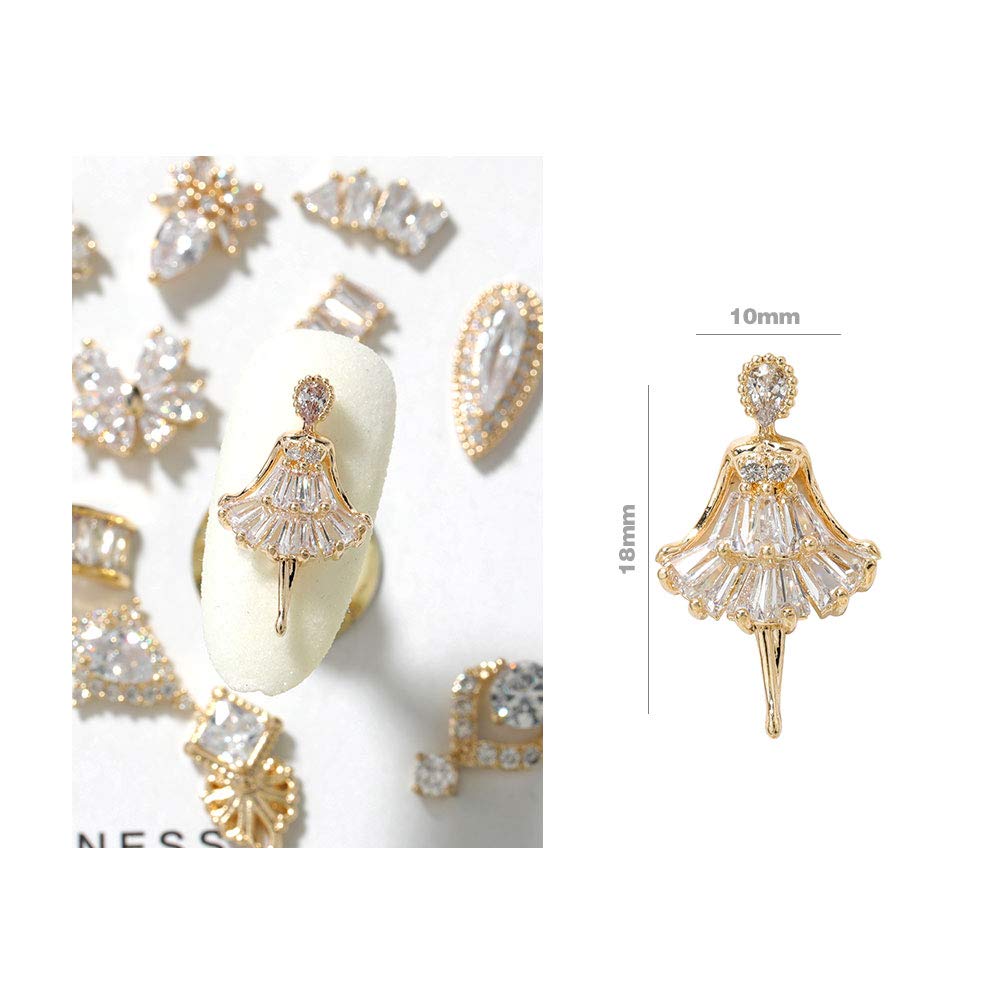 HNUIX Nail Charms and Gems - Gold Copper Zircon, Multiple Shapes 3D Dangle, Metal Jewelry Rhinestones Charms, 21 Pieces
