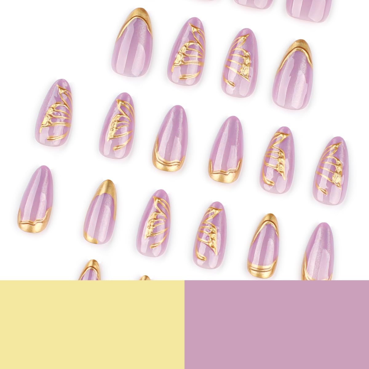 Purple Press on Nails whit Gold Butterfly - Medium Almond Fake Nails Cat Eye Nail Press ons Full Cover Glossy Spring Stick on Nails for Women 24PCS