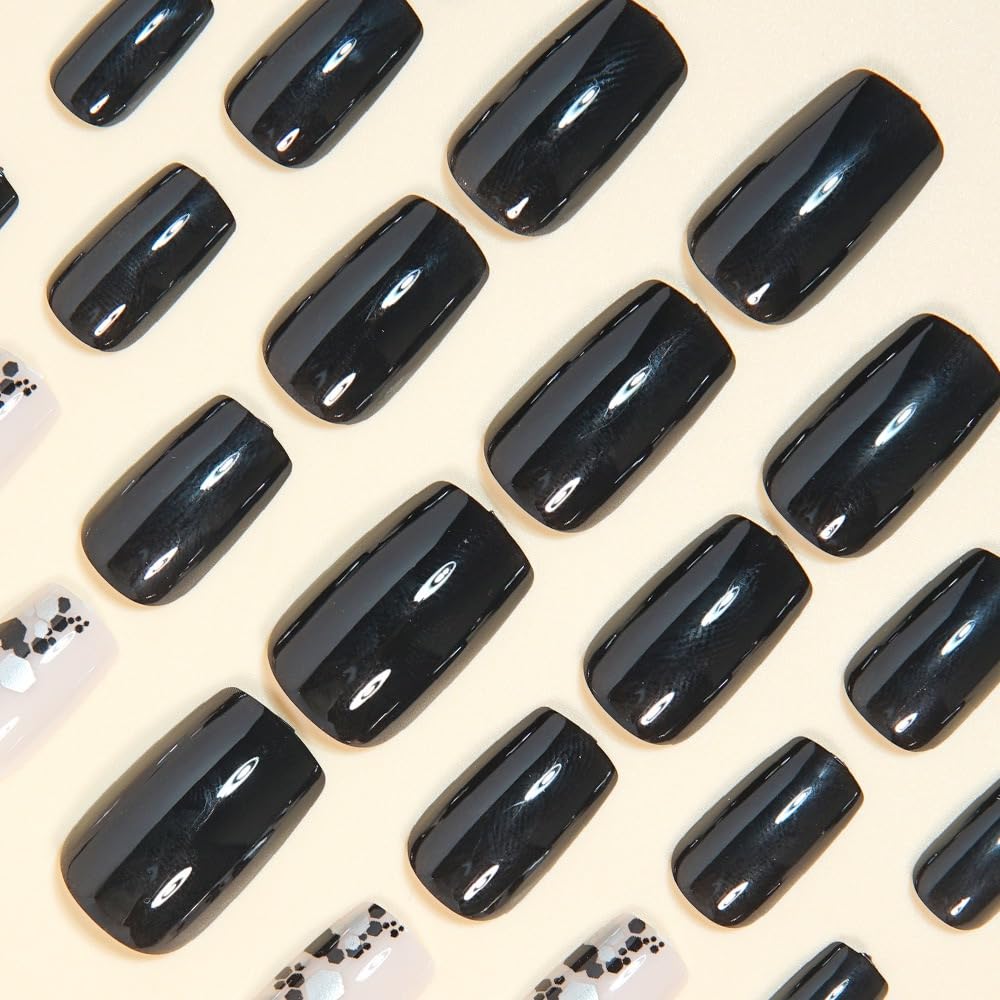 CTTHNBD Press on Nails Black - Medium Square Fake Nails with Silver Pattern Design - Glossy Full Cover Stick on False Nails - for Women 24 Pcs