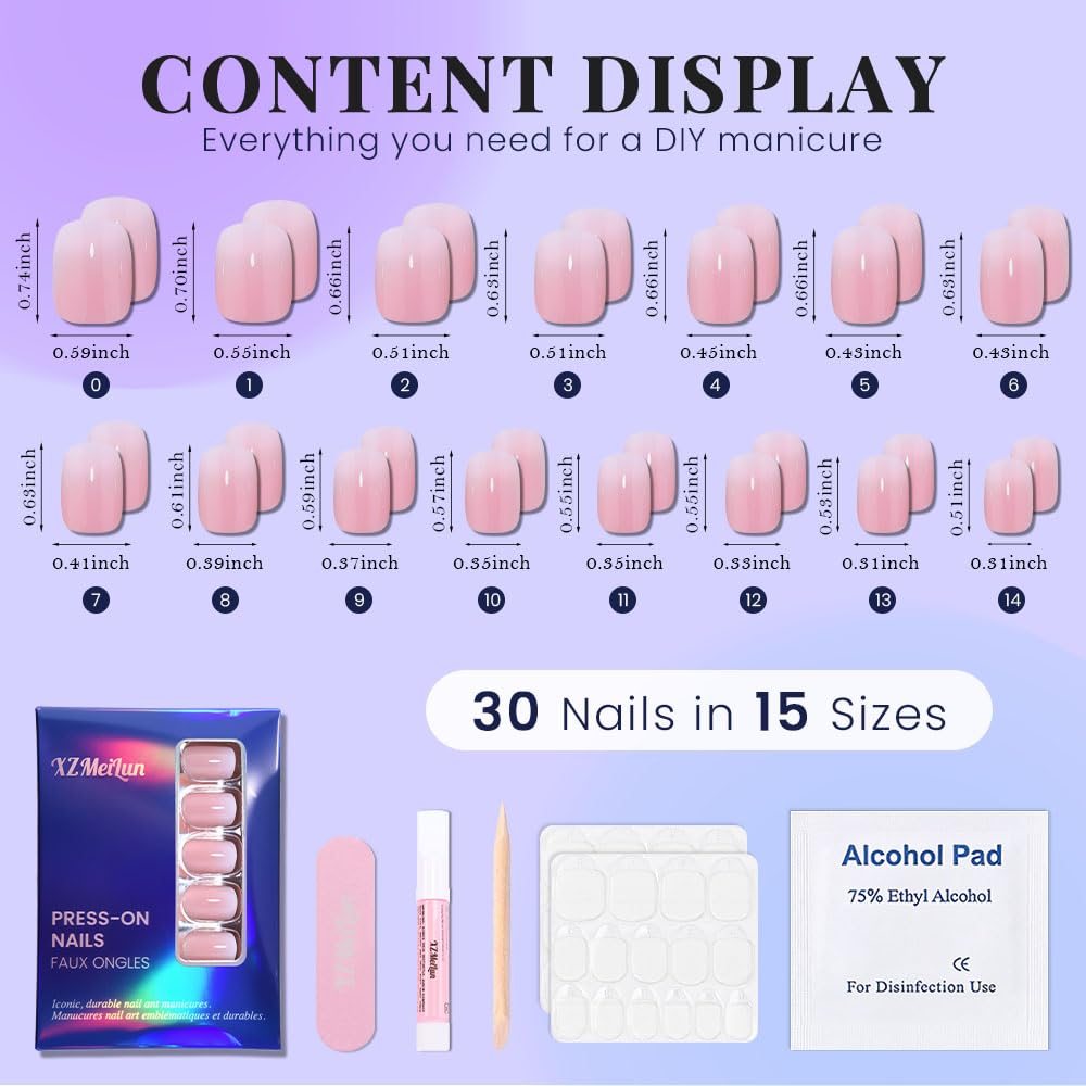 XZMeiLun Pink Brown and White Ombre Press on Nails, Short Square Acrylic Fake Nails Design, Natural Reusable Nails Kit for Women DIY False Nail Art Decoration Gift, Salon Quality Reusable