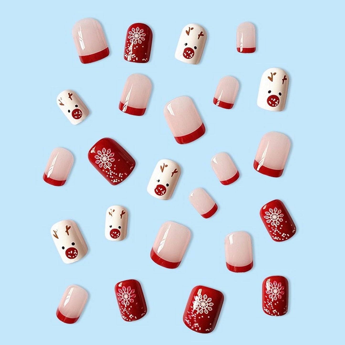 24Pcs Christmas Press on Nails Short Square Red French Fake Nails with Elk Snowflake Design Red White Full Cover Artificial Acrylic Nails Xmas Winter Stick on Nails for Women DIY Manicure Decoration