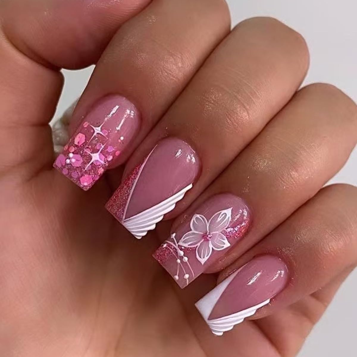 6 Packs (144 Pcs) Press on Nails Square - Short, Medium Nails Press ons - French Tip Fake Nails with Flower Design - for Women 12 Sizes-6 Styles
