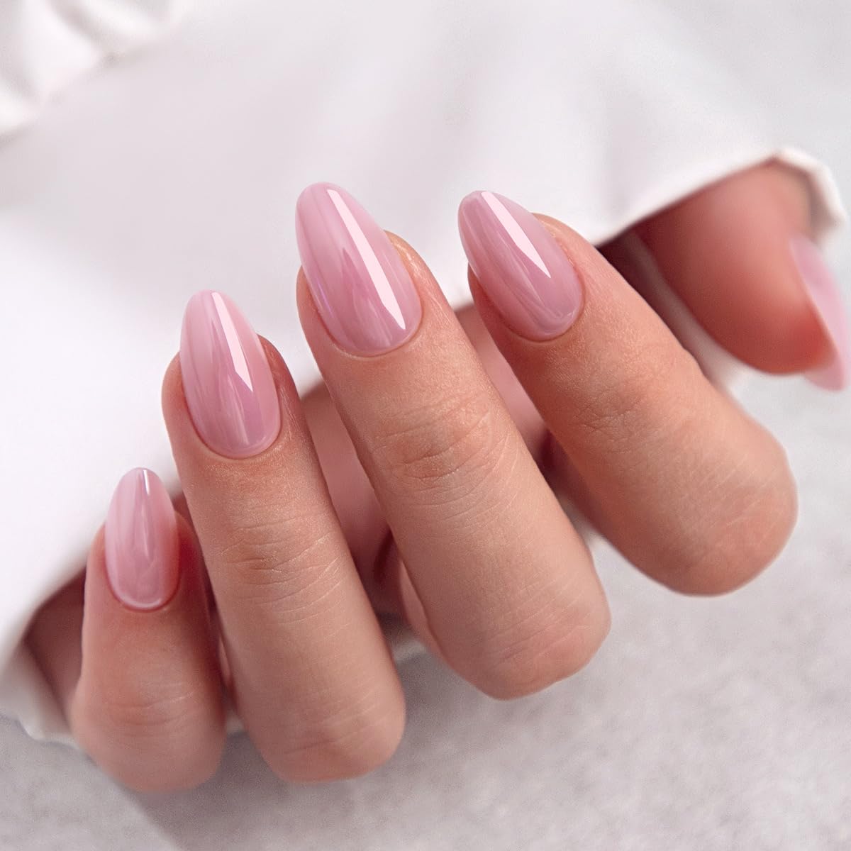 Light Pink Chrome Press on Nails Short - GJZEZ Soft Gel Shimmer Glazed Donut Almond Fake Nails Press Ons, Holographic Pearlescent Iridescent Faux Nail Gifts for Women| 16 Sizes - 32 Reusable Nail