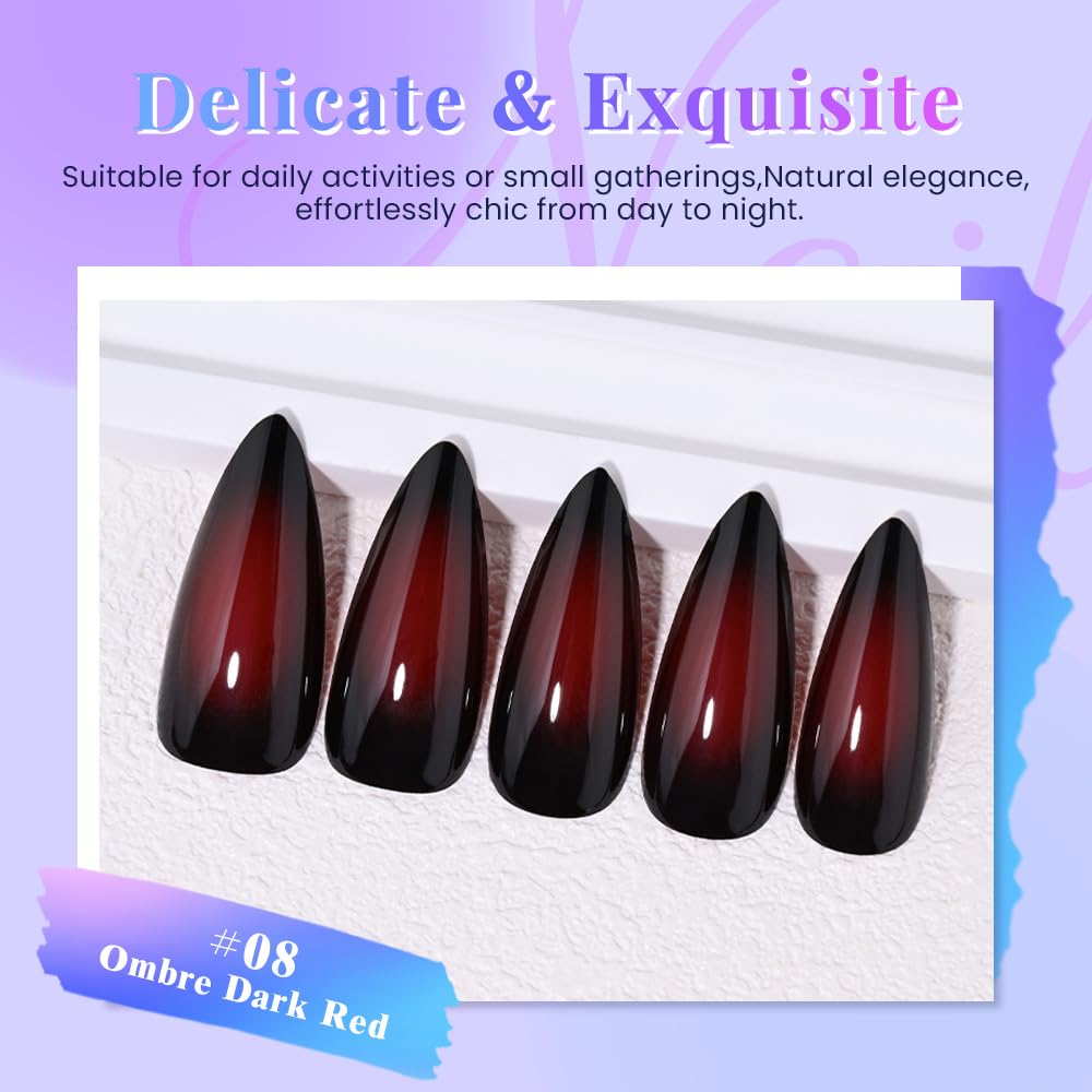 evpct Ombre Dark Red Press on Nails Medium Almond, Medium Almond Glossy Stick on Nail for Women Gift with Manicure Kit, Reusable Full Cover Soft Stick on Fake Nail with Ombre Design Perfectly Fit