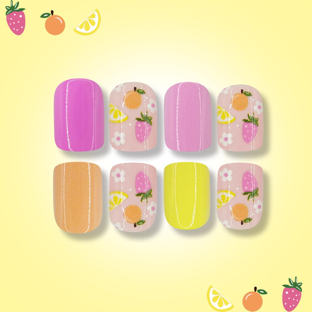 Short Square Press on Nails - Pink Yellow Fake Nails with Fruit Lemon & Strawberry Design, Spring Summer Full Cover Stick on Nails for Women Manicure 24 Pcs