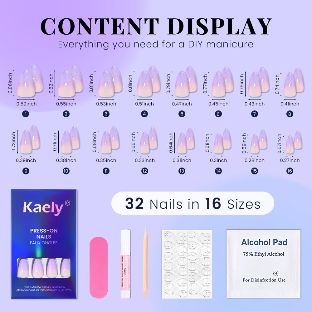 evpct Ombre Nude to Orchid Press on Nails Short Almond, Short Almond Glossy Stick on Nail for Women Gift with Manicure Kit, Reusable Soft Gel Stick on Fake Nail with Glitter Designs Perfectly Fit