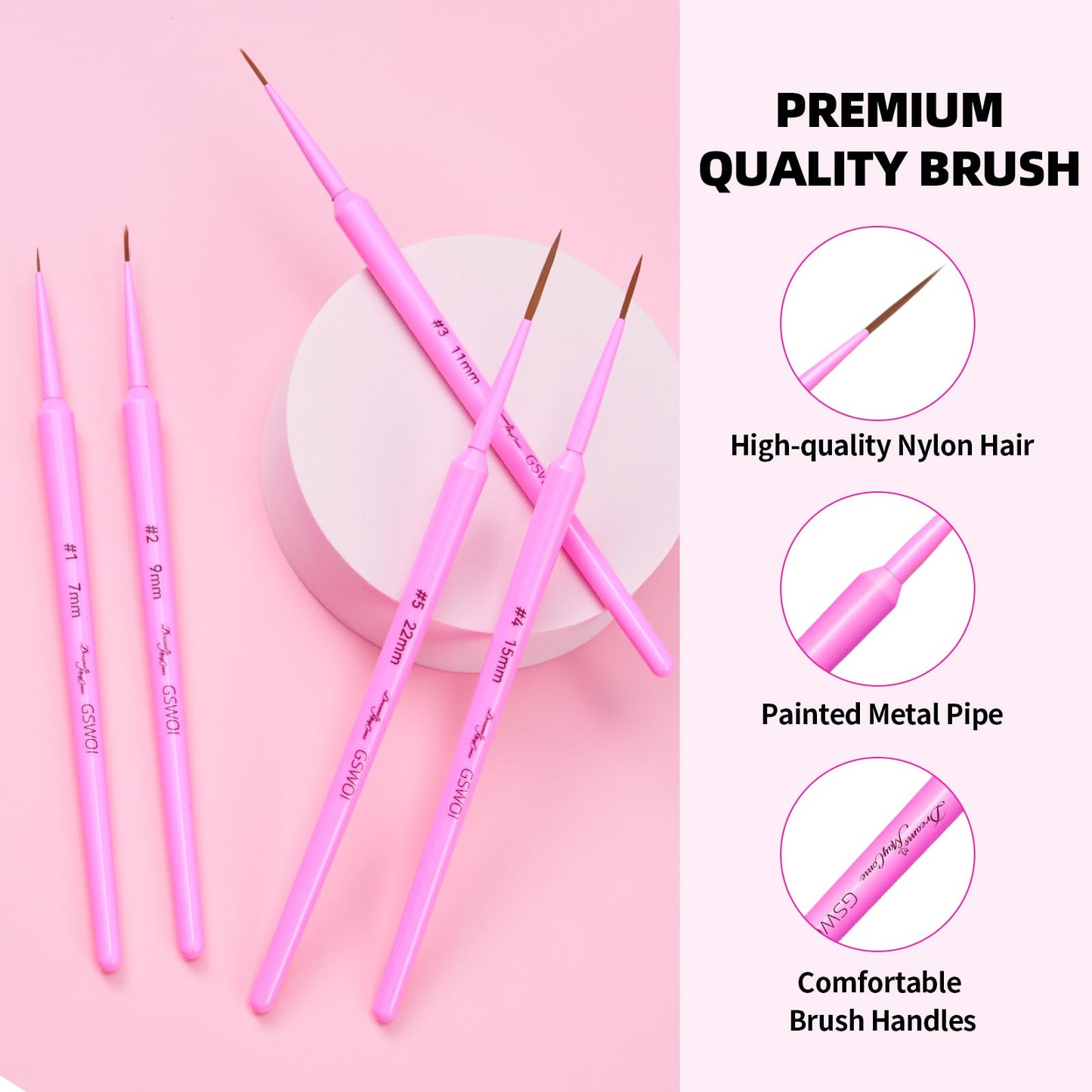 Nail Brush Set for Nail Art Liner Brushes,GSWOI 5Pcs Thin Liner Striping Brush for Nails Gel Polish Painting Designs Elongated Lines -Sizes 7/9/11/15/22mm(Yellow)