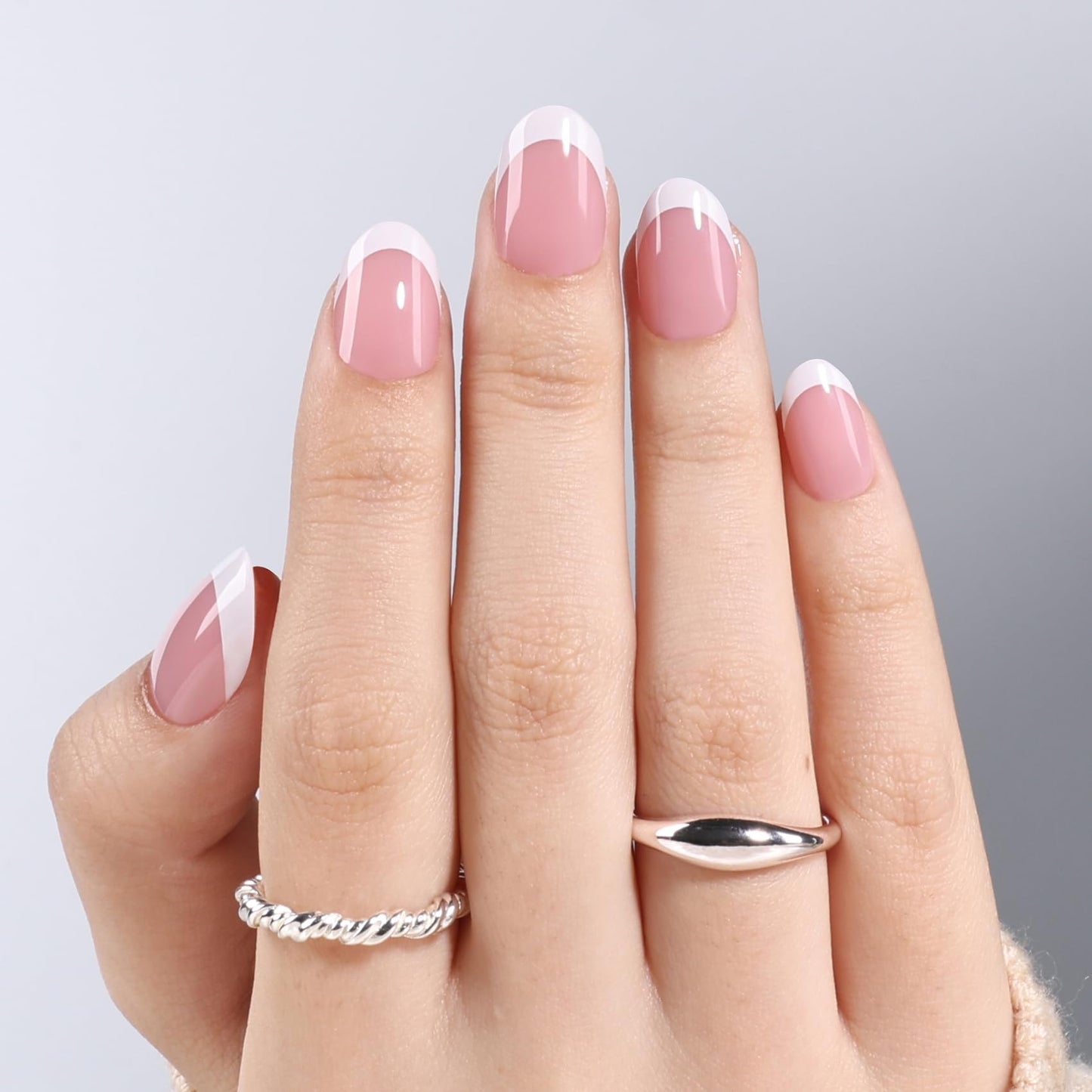 White French Tip Press On Nails Oval - Short Oval White French Tip Fake Nails with Nail Glue, Pink Press On Nails Reusable Stick On Nails in 16 Sizes - 32 Nail Kit for Women | Salon Quality