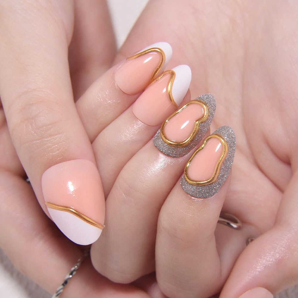 evpct French Tip Press On Nails Short Almond, Nude + Gold Line & White Tips, Silver Gray Glitter Short Almond Fake False Press on Nails, Reusable Gel Stick on nail Press ons with Nail Kit