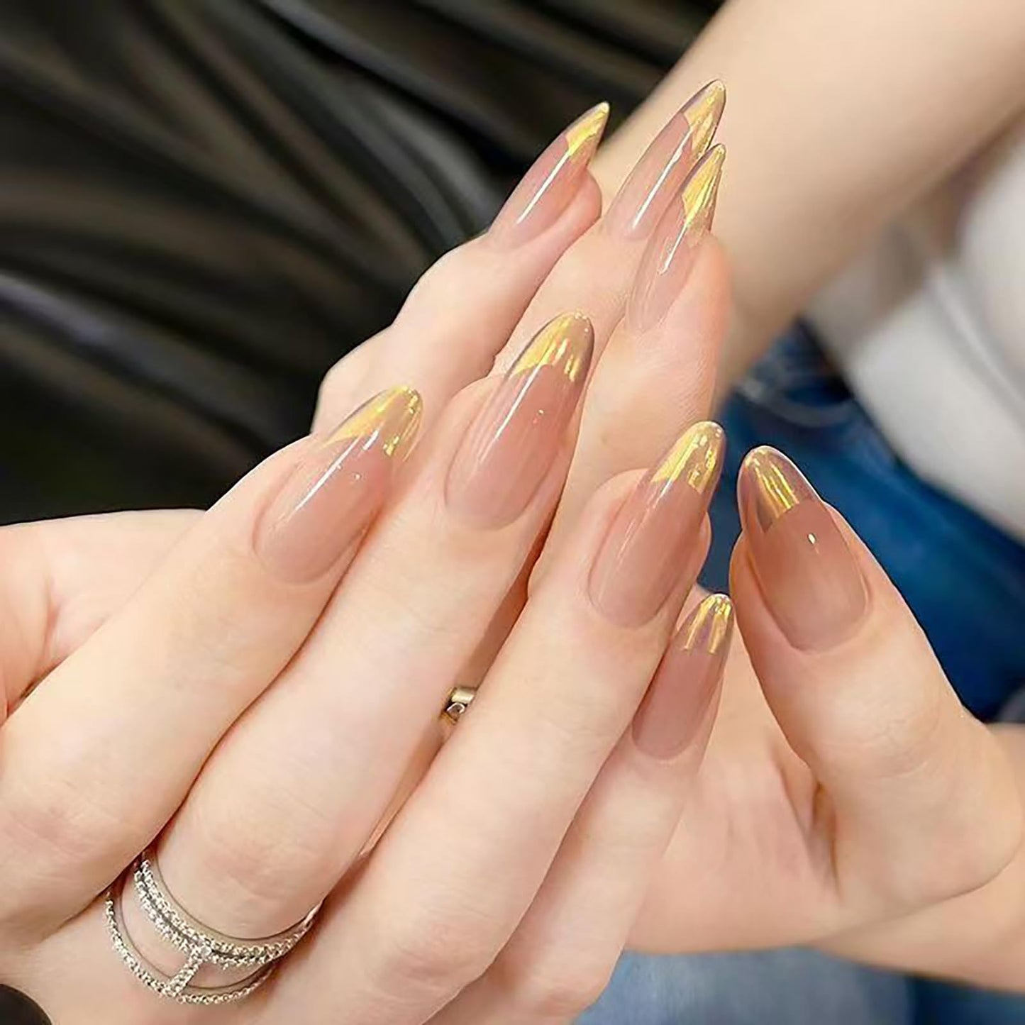 Medium Almond Press on Nails French Tip Gold Nude Pink Fake Nails Nails Press ons Acrylic Nails False Nails Full Cover Artificial Stick on Nails for Women Girls 24 Pcs