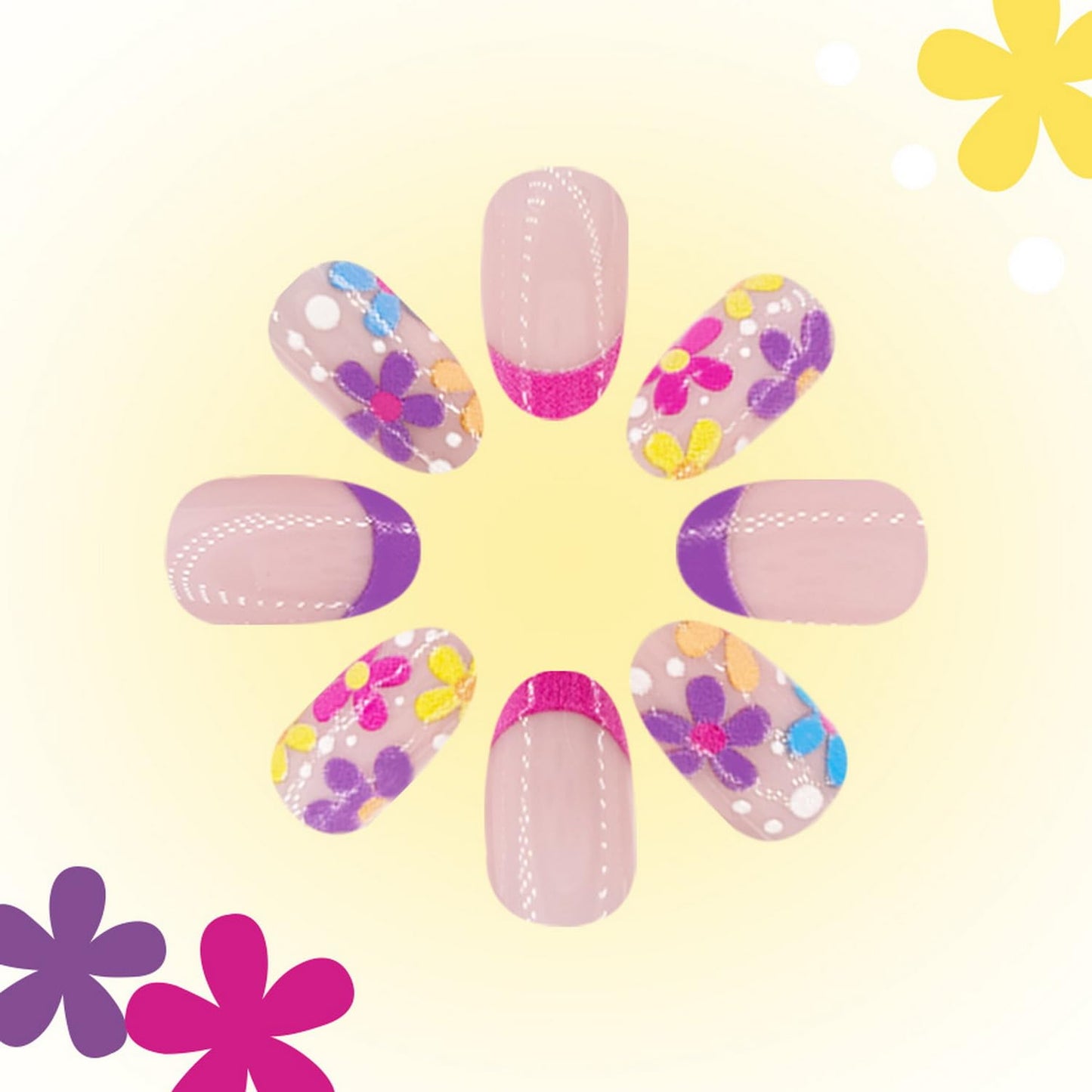Short Almond Press on Nails Flower Fake Nails with design French Tip Press ones Orange Purple Pink False Nails Glossy Full Cover Summer Stick on Nails Reusable Glue on Nails for Women Beach Nails24pcs