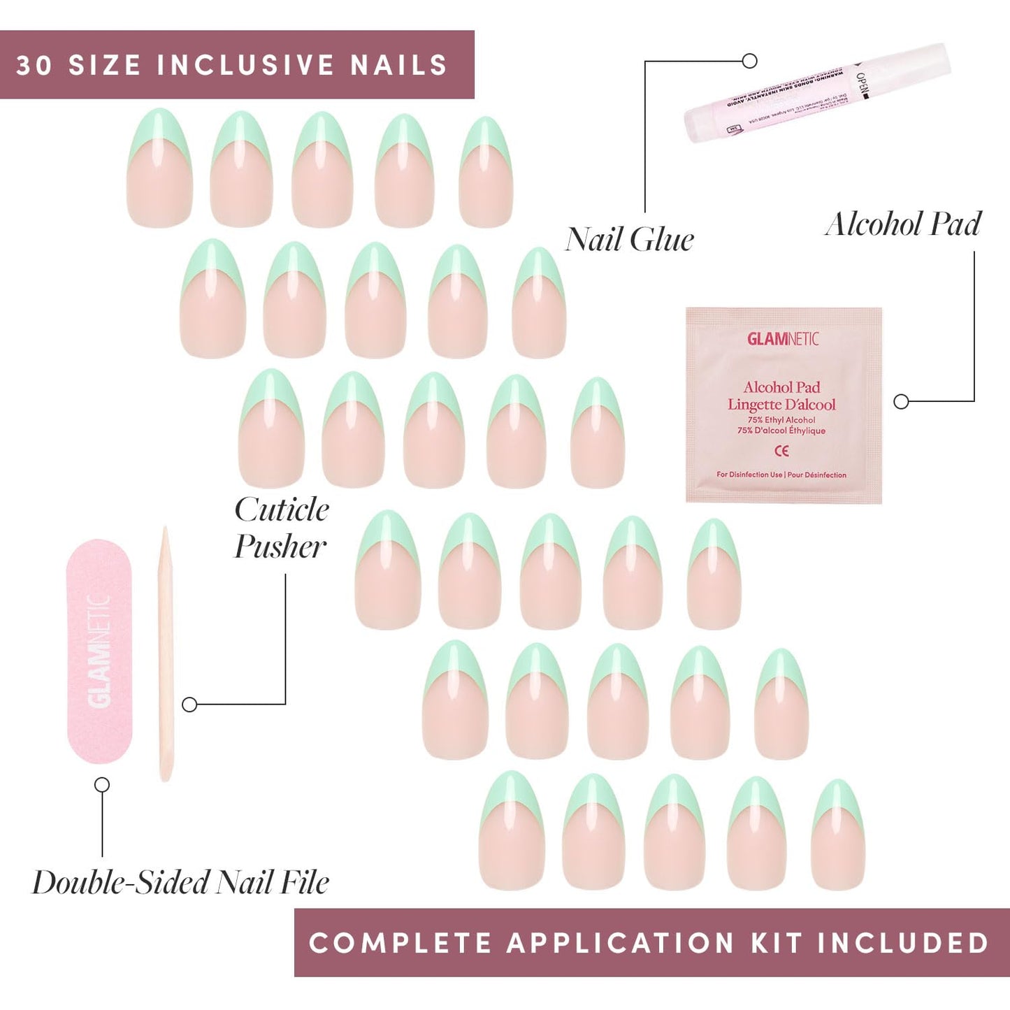 Glamnetic Press-On Nails Bundle - Pistachio Crème, Fairy Dust & Fiery Red | Short Almond Mint Blue French Tips with a Glossy Finish | Short Oval Beige-Pink False Nails with a Metallic Finish | Bright