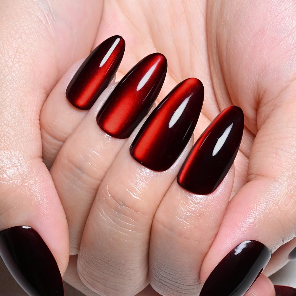 XZMeiLun Cat Eye Deep Red Press On Nails Almond Medium, Magnetic Acrylic Fake Nails Stylish Design, Salon-Quality Shiny Finish, Reusable Stick On Nails Kit for Women, Daily Wear (No Glue Included)