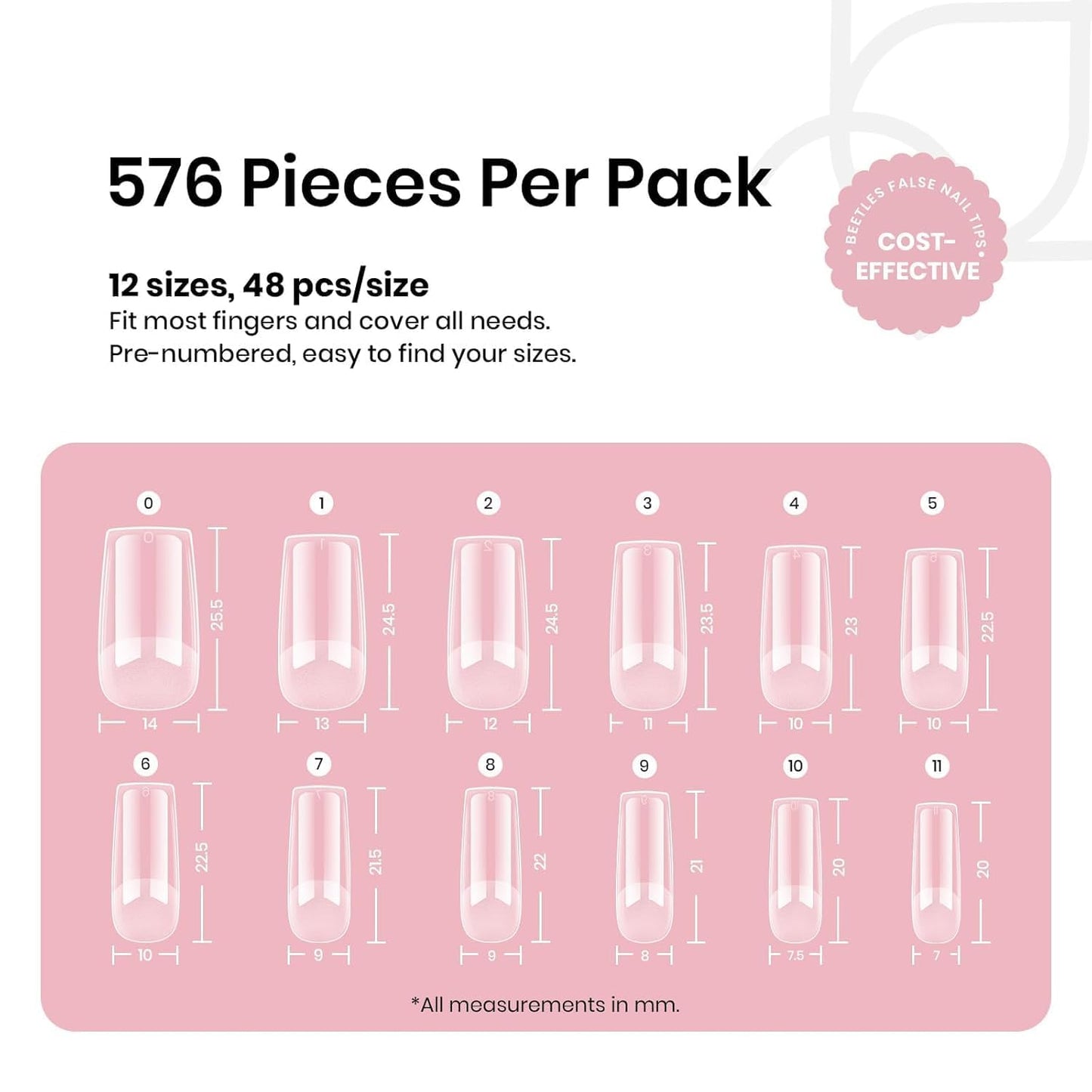 Beetles Nail Tips Medium Square 576Pcs 12 Sizes - Pre-Etched Soft Acrylic Nail Tips Half Matte False Nails Nail Art Full Cover Press Ons Nail Extensions Gift Set Home DIY Nail Salon