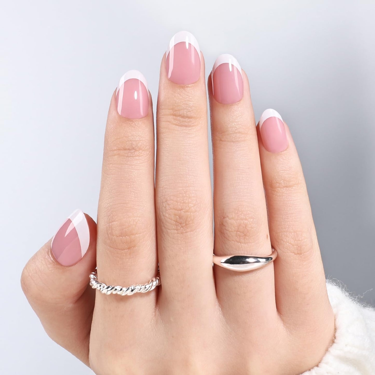 Leefrei French Tip Press On Nails - Short Oval White Tips Press on Nails Glossy Nails Press Ons for Women DIY Fake Nails Kit with Glue, Reusable Glue on Nails Short in 16 Sizes - 32pcs, Blush French