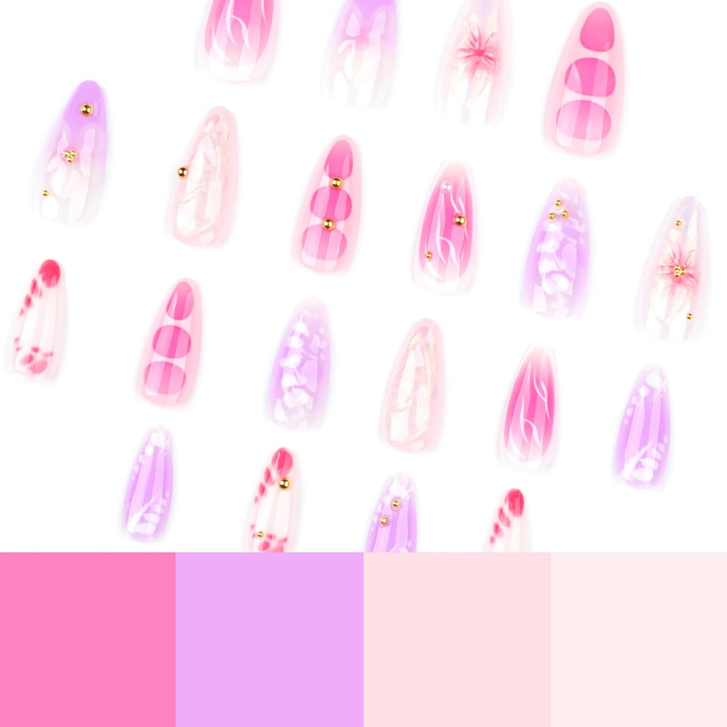 24Pcs Pink Press on Nails Medium Almond Fake Nails Glossy Glitter 3D Gold Steel Balls Design Full Cover Acrylic False Nail Flower Butterfly Pink Gradient Nail Art Almond Nail Stick on for Women