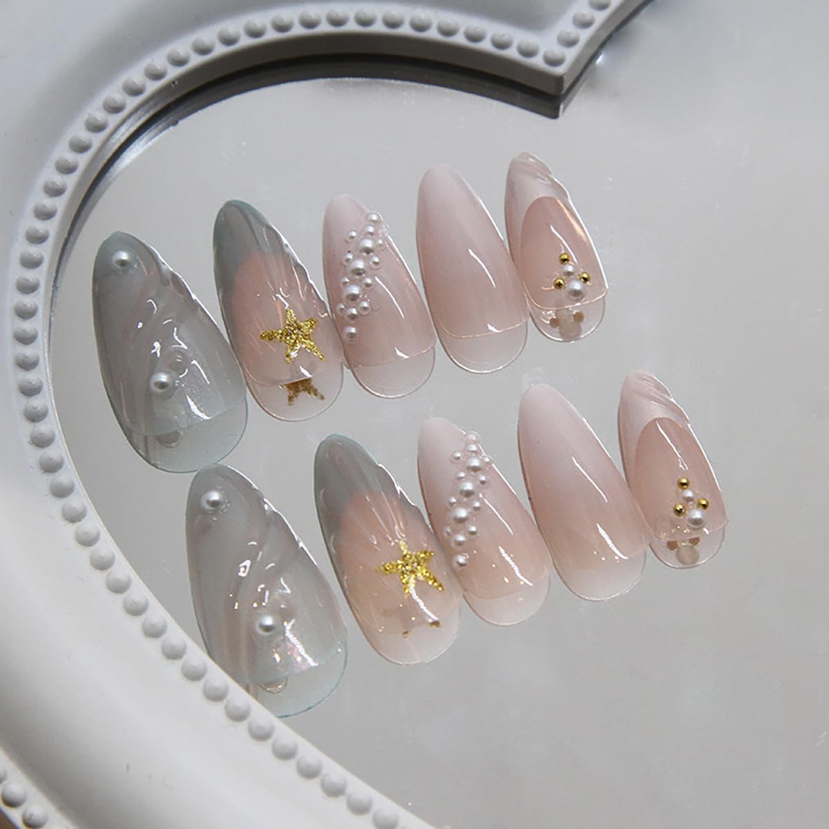 24Pcs Medium Almond Press on Nails Blue French Tip Fake Nails 3D Gold Starfish Shell Press ons with Pearl Glossy Glue on Nails Summer Beach False Nails Cute Stick on Nails for Women Girl Acrylic Nails