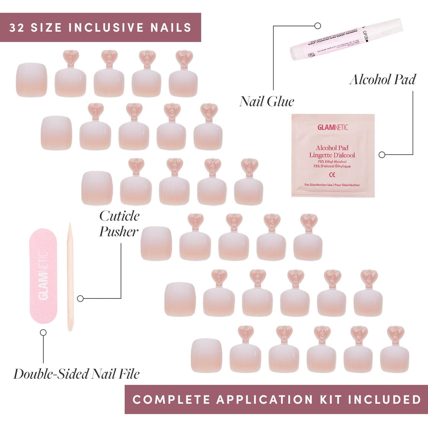 Glamnetic Press On Nails & Toenails - Creamer | Neutral Nude and White Ombre Fake Nails with a Glossy Finish | 15 Sizes - 30 Nail Kit with Glue & 16 Sizes - 32 Toe Nail Kit with Glue