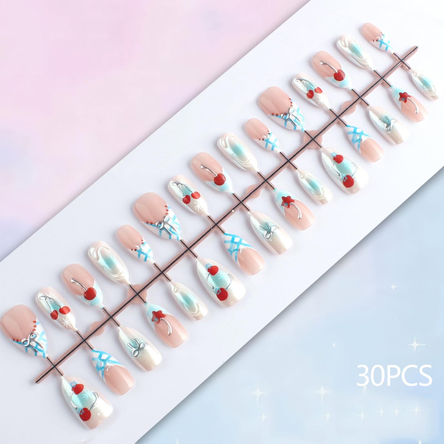 3D Bow Tie Press on Nails Cherry Gel Glue on Nail Red Stars Acrylic Fake Nail Glossy Blue Glitter French Tips Stick on Fingernails Valentines Almond Medium False Nails 30Pcs for Women Valentine's Gift