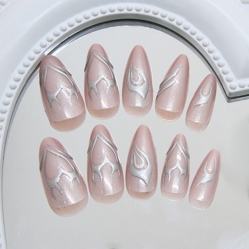 QQPPOLIU Colorful Press on Nails Long Fake Nails Stiletto False Nails with Design Glue on Nails for Women and Girls 24Pcs