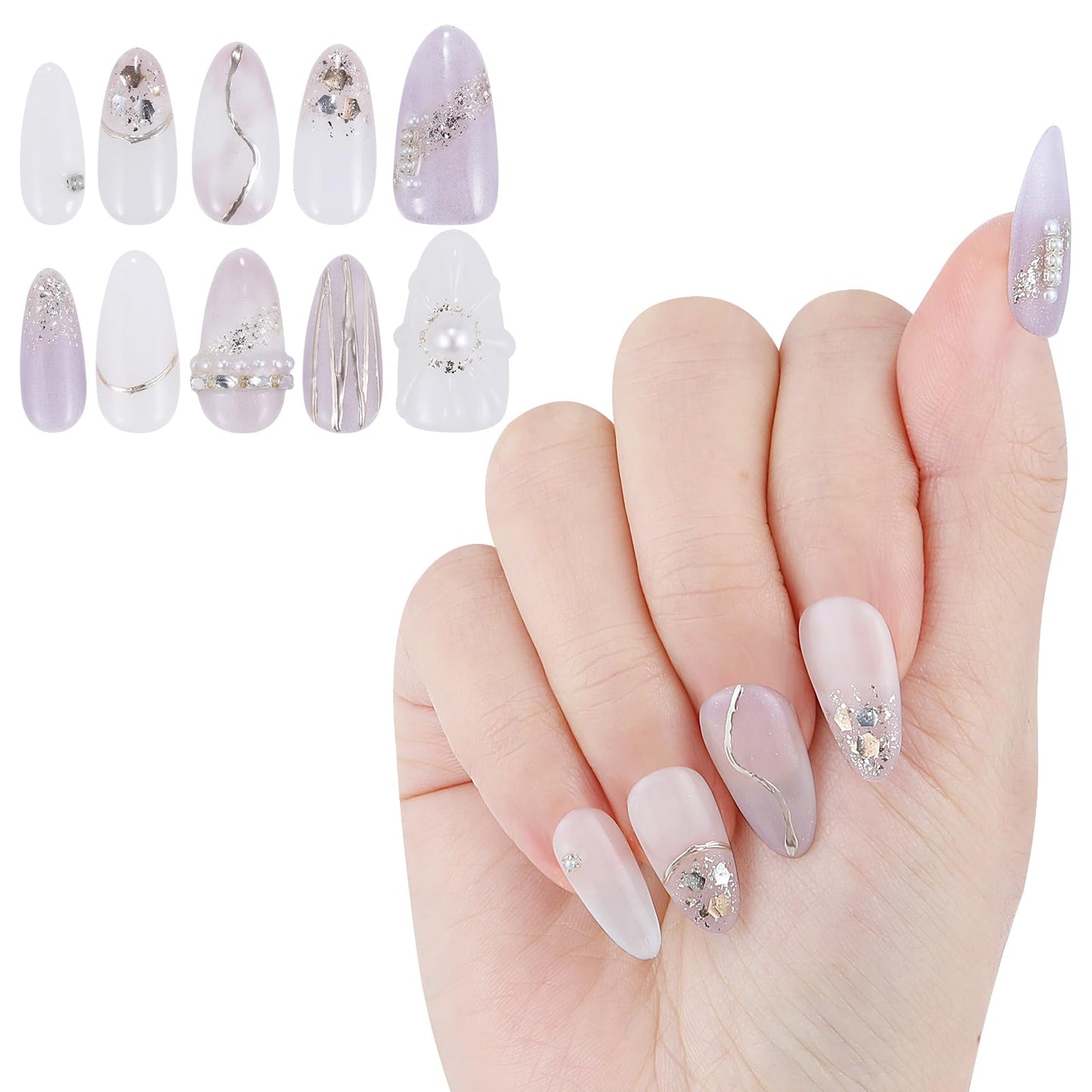 Yacey Handmade Press on Nails Short Almond, Reusable False Nails Press Ons, Purple Thick Acrylic Fake Nails with Silver Line Pearl, 3D Artificial Bling Glossy Glue on Nails for Women Girls (10 Pcs, M)